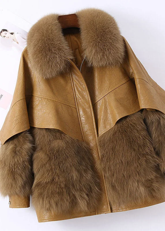 Women's Wool CoatsFitted Khaki Zip Up Fox fur Patchwork Leather Puffer Jacket Winter