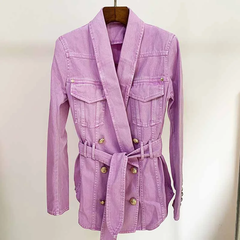 Women's Coats with ButtonsWomen's Denim Jacket Lace Up Outwear Coat In Pink Purple Color