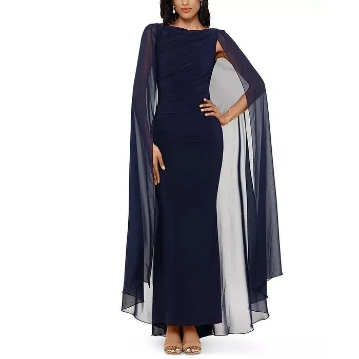 water-resistant hats for rainy daysBetsy & Adam Women's Ruched Trumpet Gown With Chiffon Cape Navy Size 14