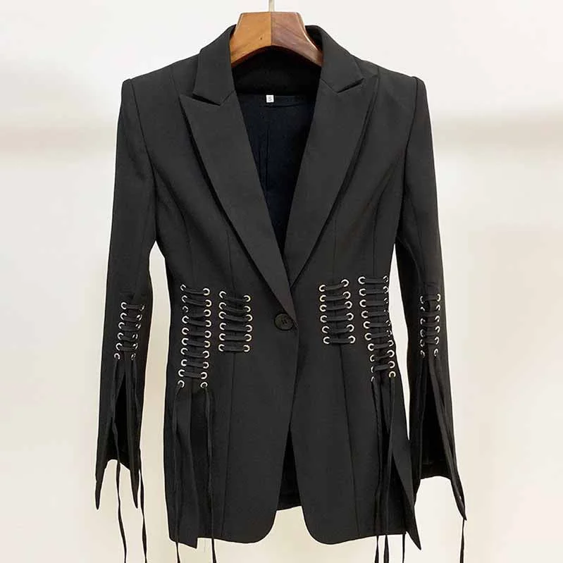 Women's Coats with Fur Trimmed HoodWomen’s Lace-Up Design Black Blazer One-Button Split Suit Jacket