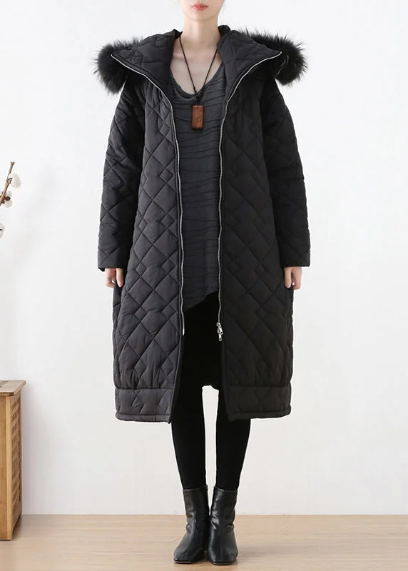 Women's Coats with ZipperBlack Plaid Thick Hooded Long Parka Winter