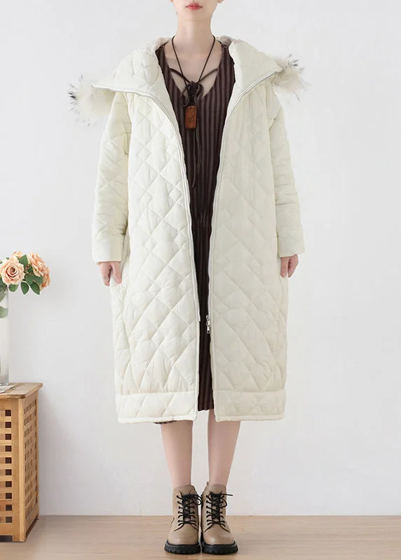 Women's PeacoatsWhite Fur Collar Zippered Thick Hooded Parka Winter