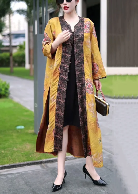 Women's Coats with Fur Trimmed PocketsClassy Yellow Chinese Button Print Patchwork Silk Long Coat Fall