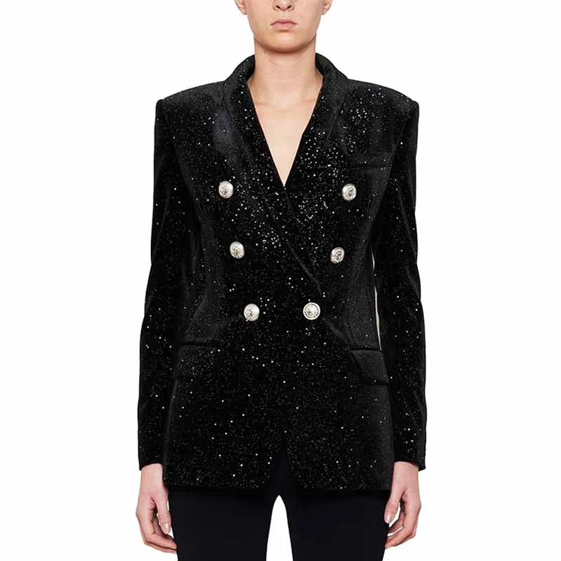 Women's Coats with Fur Trimmed BeltWomen's Double Breasted Blazer Gold Buttons Autumn Winter Black Velvet Jacket