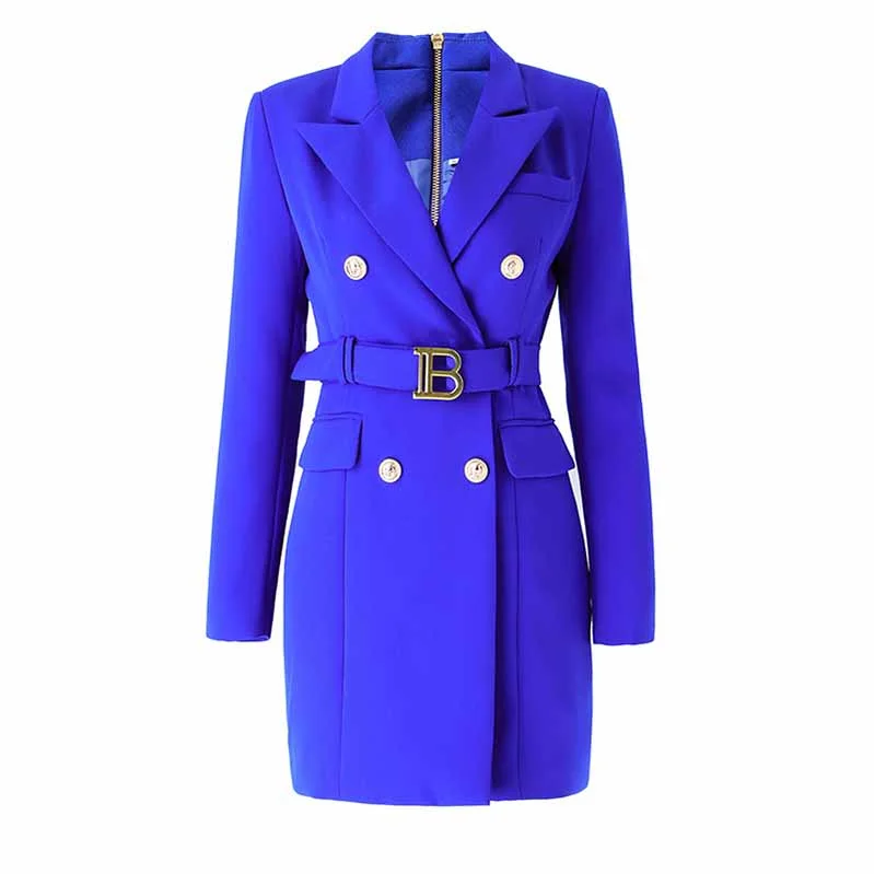 Women's Coats with Fur Trimmed CollarWomen Royal Blue Double Breasted Blazer Trench Coat Mini Dress