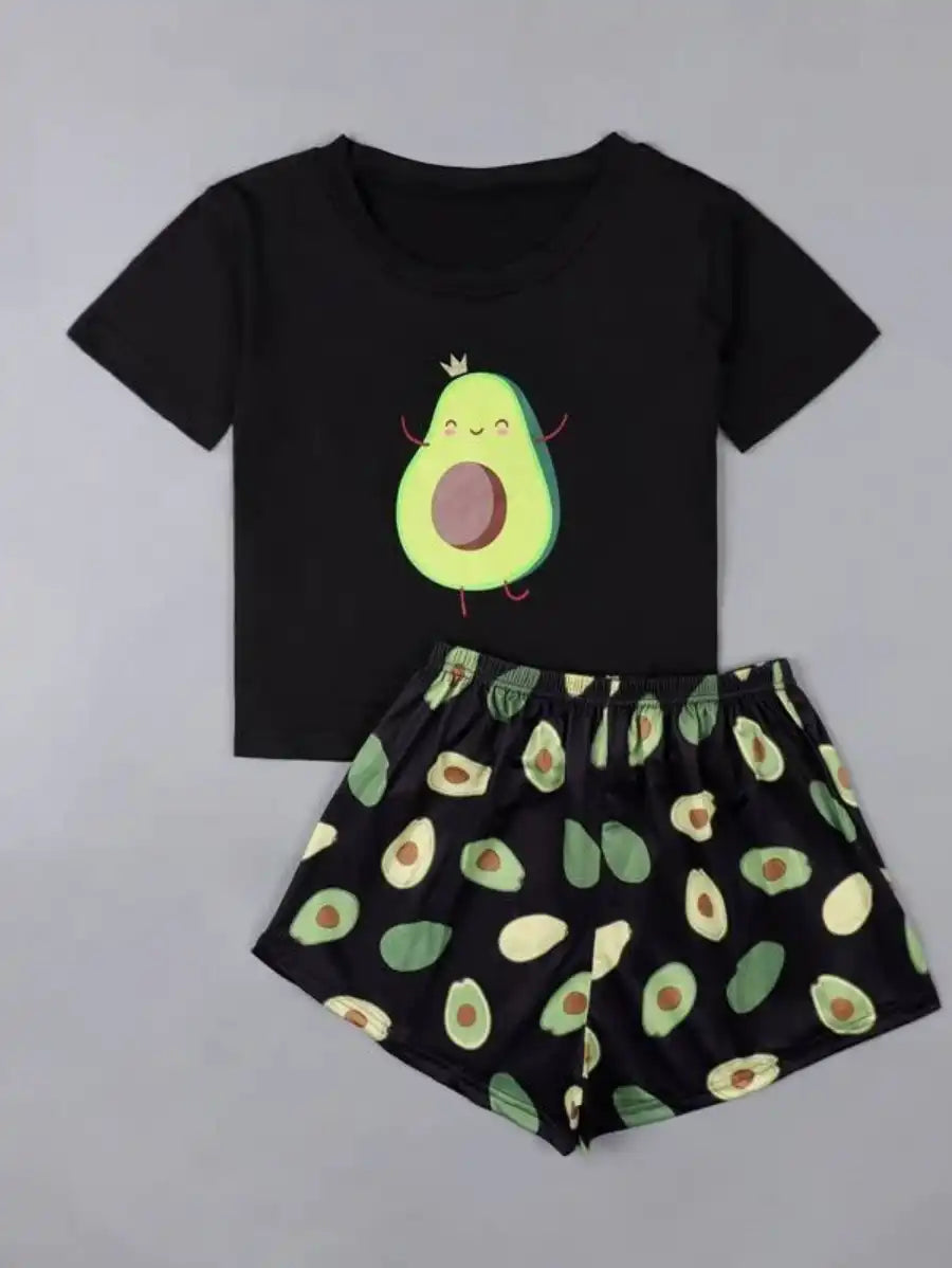 women's pajamas with lace trimCartoon Avocado Print Pajama Set