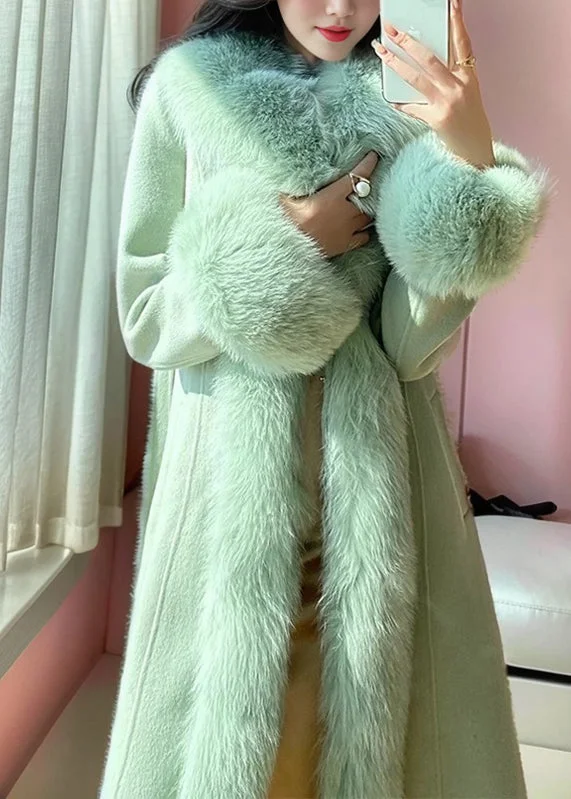 Women's Coats with Fur Trimmed PocketsItalian Green Tie Waist Woolen Long Coats Winter