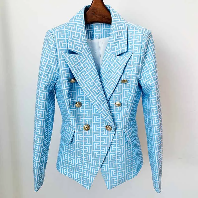 Women's Coats with Fur Trimmed ButtonsWomen's Blue Blazer Labyrinth Pattern Jacket Coats with Gold Buttons