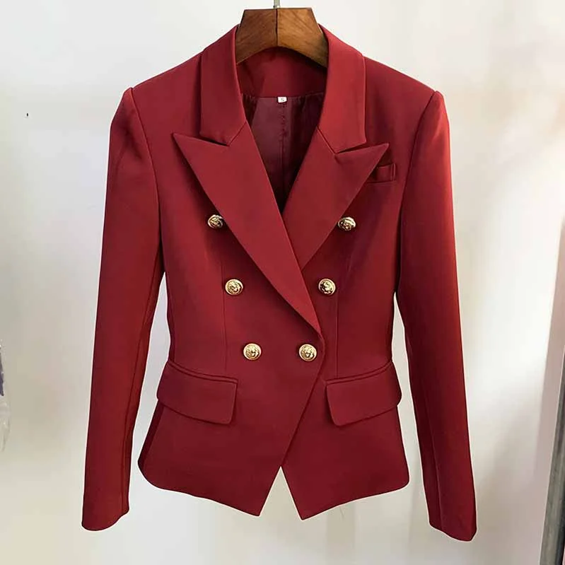 Women's Denim CoatsWomens Wine Red Jacket Coat Metal Lion Button Double Breasted Slim Blazer