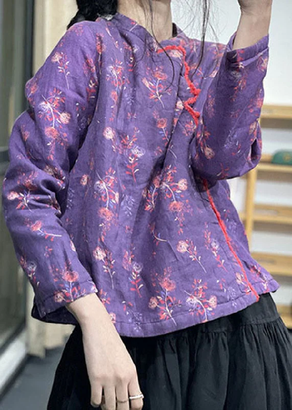 Women's Coats with Fur Trimmed SleevesChic Purple Stand Collar Print Fine Cotton Filled Coats Winter