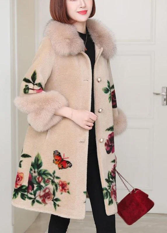 Women's Trench CoatsApricot Print Button Thick Winter Long sleeve Coat