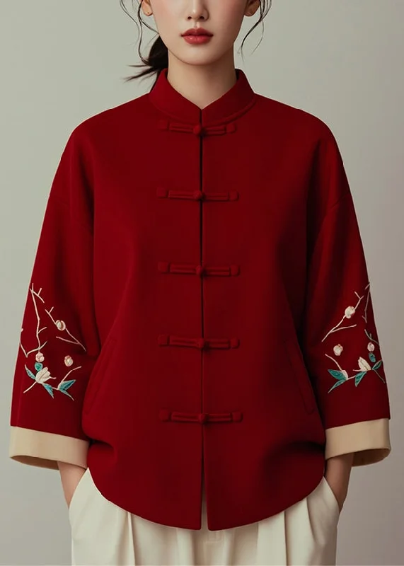 Women's Coats with Fur Trimmed PocketsNew Red Stand Collar Button Print Cotton Coat Fall