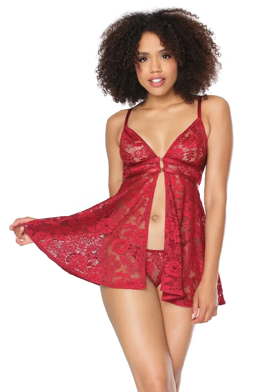 lace overlay convertible braCoquette Stretch Lace Soft Triangle Cup Babydoll w/Thong Ruby