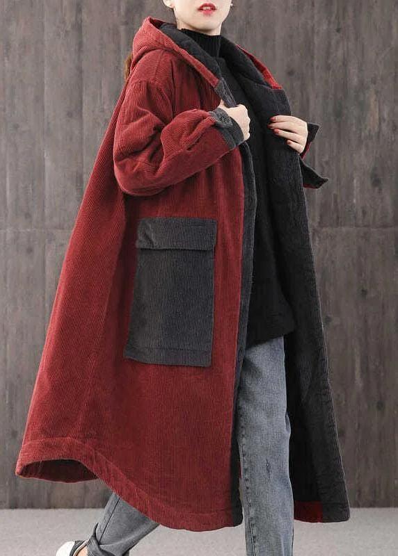 Women's Windbreaker CoatsElegant Red hooded Pockets Button Winter Coat Long sleeve