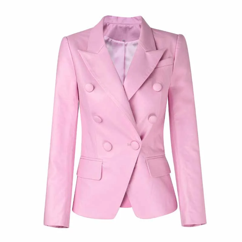 Women's Coats with Fur Trimmed SleevesDouble Breasted Pink Blazer For Women PU Blazers Jacket In Pink