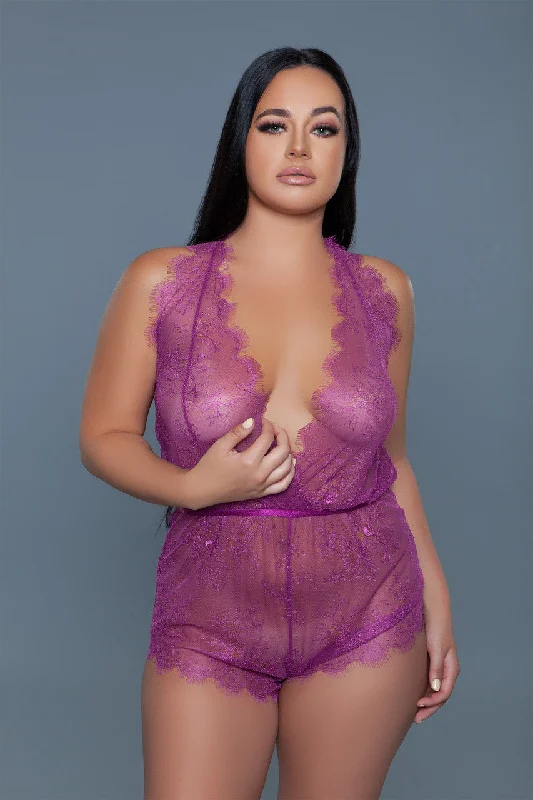 plus-size minimizer underwire braBeWicked Eyelash Lace Plunging Reagan Romper Burgundy