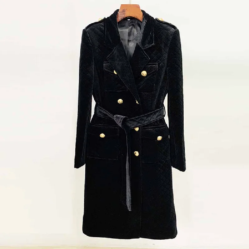 Women's Coats with Fur Trimmed SleevesWomen black double breasted coat belted velvet long length coat