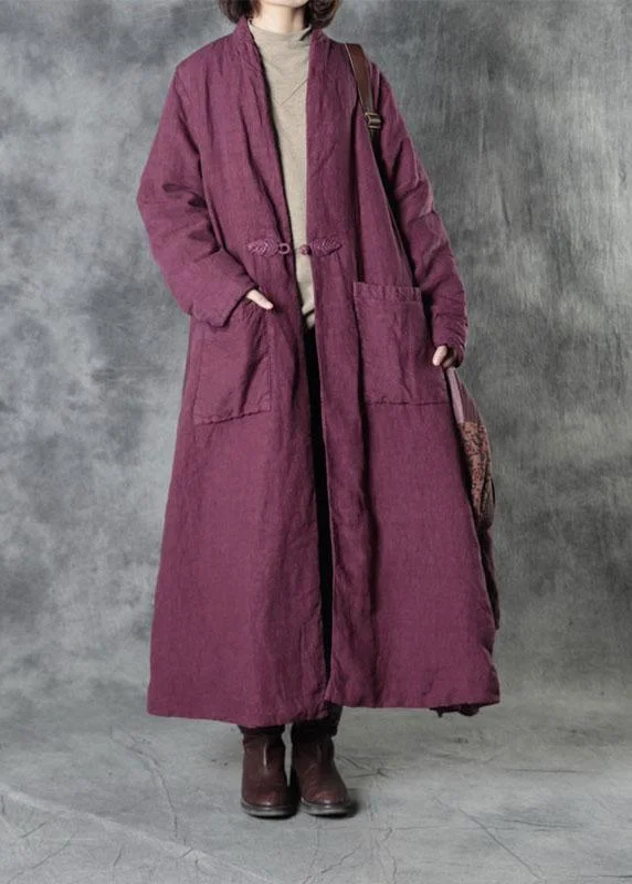 Women's Coats with Fur Trimmed ZipperLuxury Purple Linen Button Pockets Winter Cotton Parka Long Sleeve