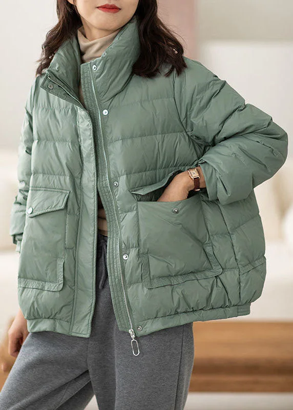 Women's Coats with ZipperChic Light Green Stand Collar Zip Up Pockets Duck Down Puffers Jackets Winter