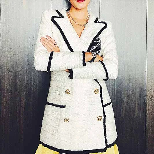 Women's Coats with Fur Trimmed ButtonsWomen Chic Off White Tweed Blazer Double Breasted Blazer Gold Buttons