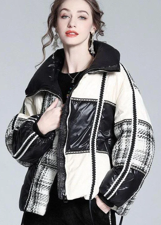 Women's Coats with Fur Trimmed PocketsElegant Colorblock Stand Collar Patchwork Duck Down Canada Goose Jacket Winter