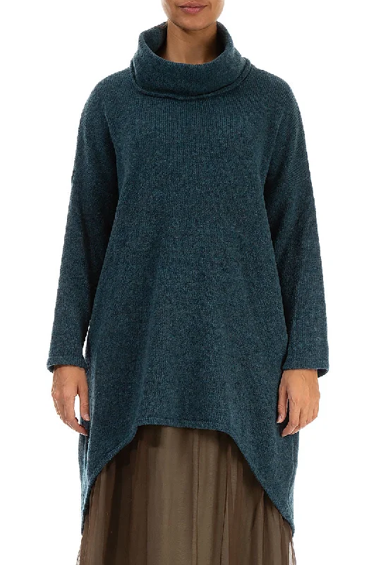 Women's Mandarin Collar SweatersTurtleneck Teal Wool Sweater