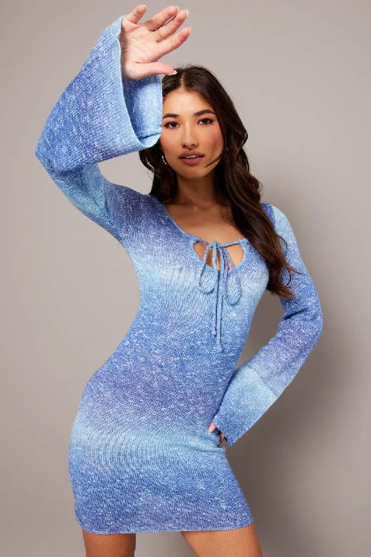 Women's Scoop Neck SweatersBlue Knit Dress Long Sleeve Mini