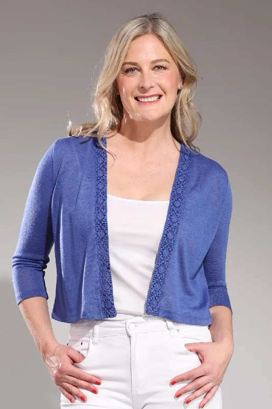 Women's Tight Fit Sweaters3/4 sleeve Cardigan with lace trim | MED BLUE | 7093A1