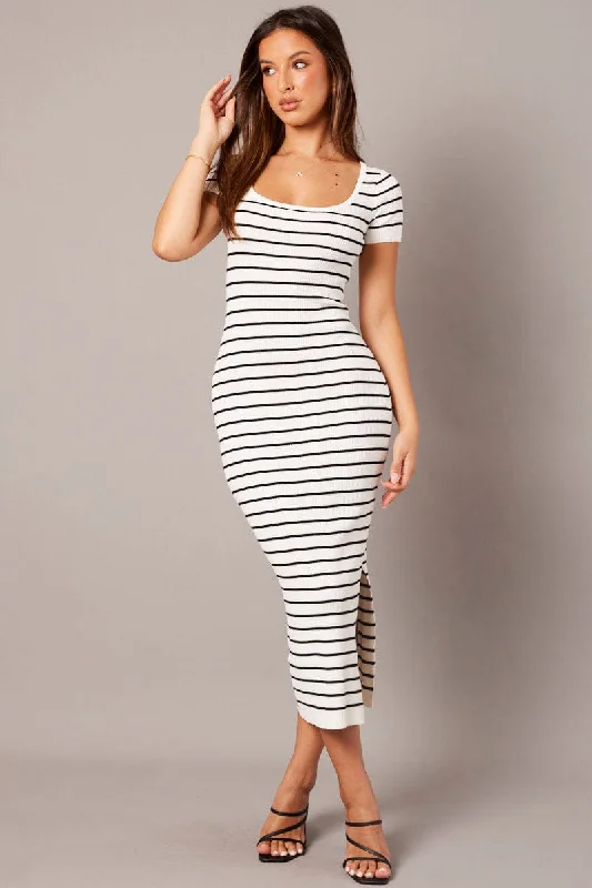 Women's U-Shaped Neck SweatersWhite Stripe Knit Dress Short Sleeve Bodycon Midi