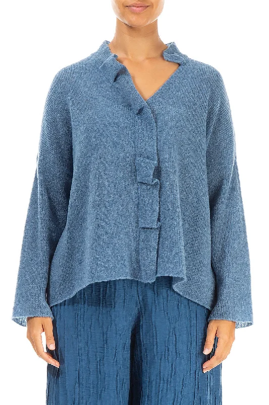 Women's U-Shaped Collar SweatersFrilled Neck Petrol Blue Wool Cardigan