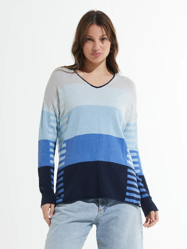 Women's Guernsey SweatersBlock Stripe V-Neck Sweater