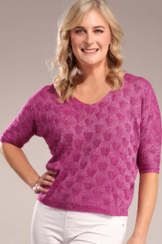 Women's Ruffled SweatersViscose Blend Knit Jersey | Magenta Lurex | 0013A1