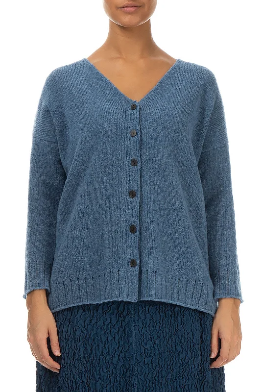 Women's Low Collar SweatersRibbed V-Neck Petrol Blue Wool Cardigan