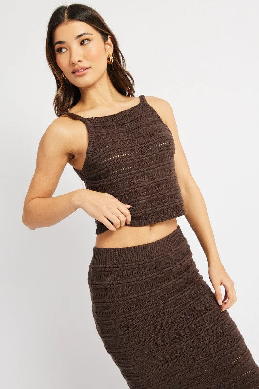 Women's Notched Collar SweatersBrown Crochet Knit Tank Top