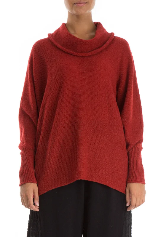 Women's Keyhole Collar SweatersCowl Neck Red Wool Sweater