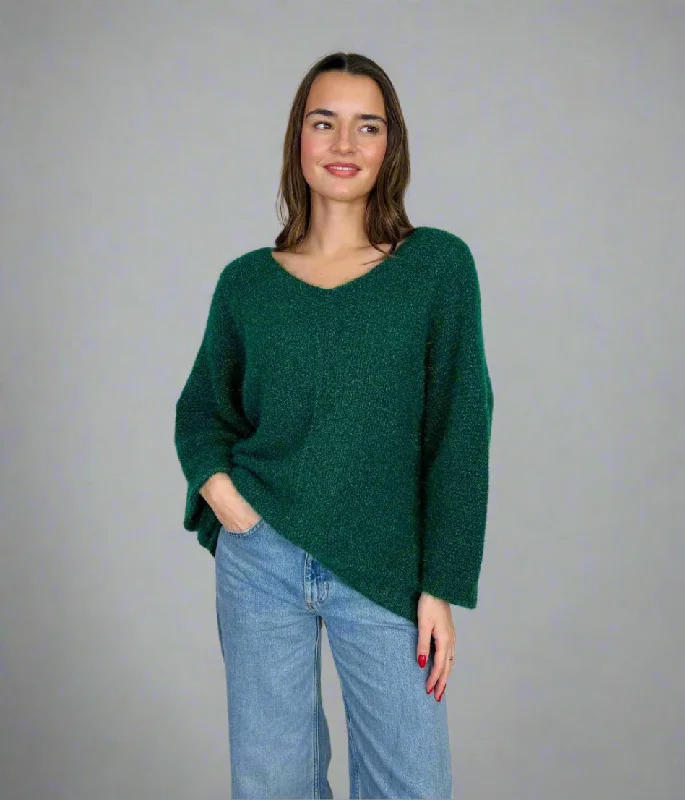 Women's Shawl Collar SweatersGreen Textured V Neck Jumper