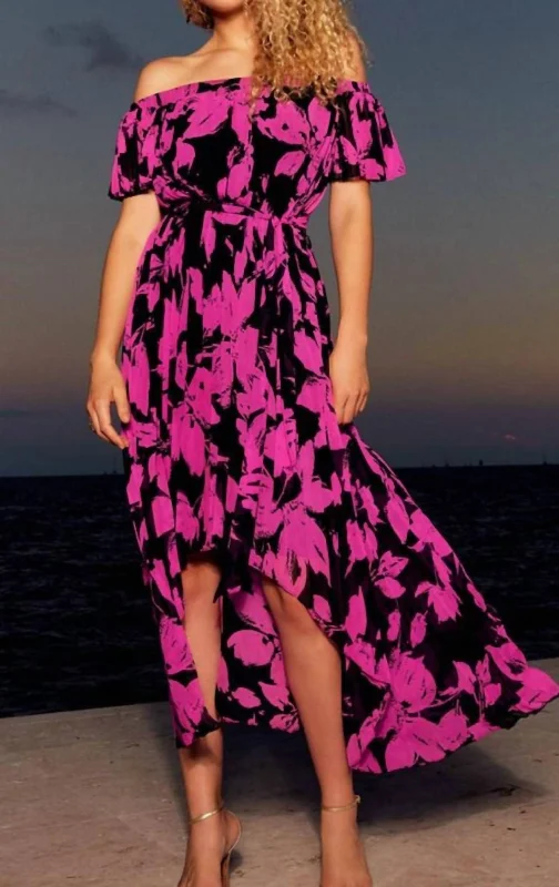 Women's Boat-Neck DressesFloral Print Dress In Black/pink