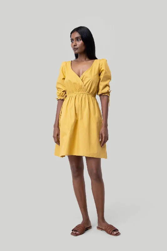 Women's Rounded-Neck DressesGathered Elbow Sleeve Short Dress in Mustard