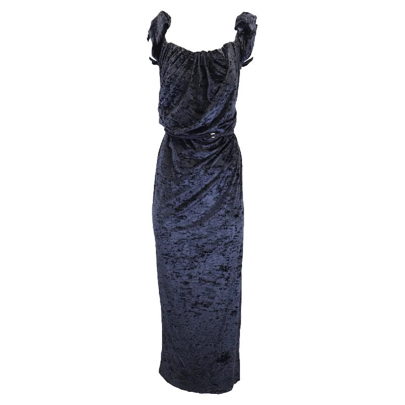 Women's High-Neck DressesJacquemus La robe Velours LE CHOUCHOU Long Asymetric Draped Dress in Navy Blue Velvet