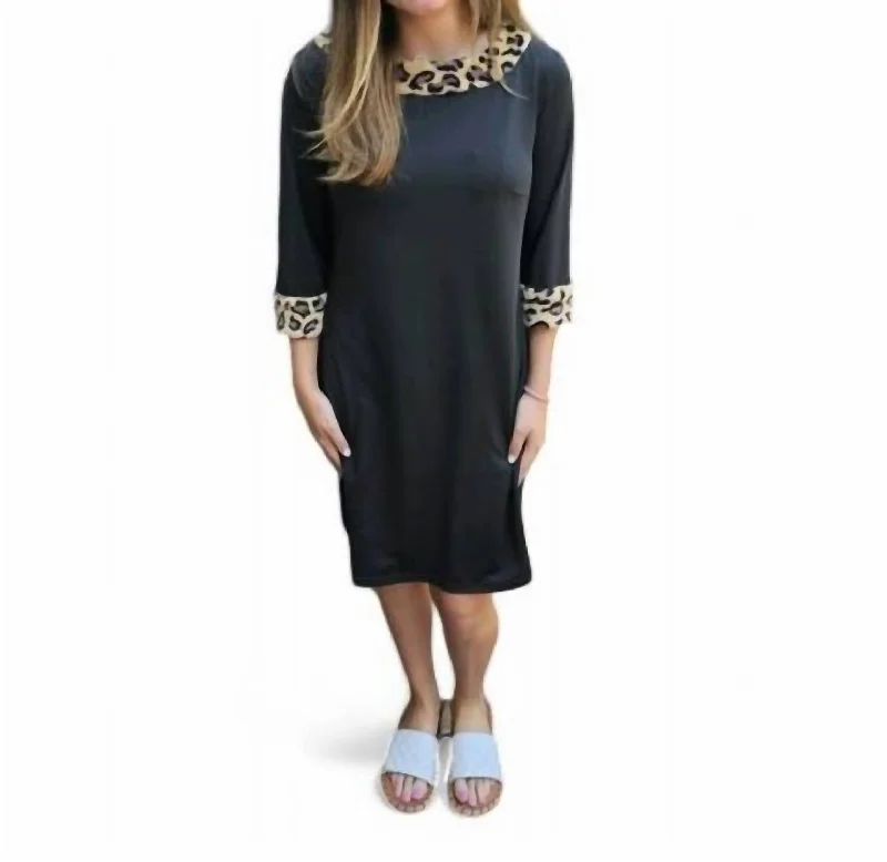 Women's Sweetheart Collar DressesLeopard Trim Dress In Black