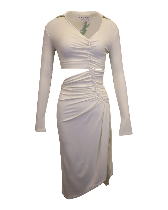 Women's Boat Collar DressesOff-White Asymmetric Cutout Ruched Stretch Dress in Cream Viscose