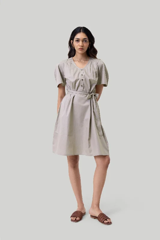 Women's V-Shaped-Neck DressesPleated Tent Dress in Ecru