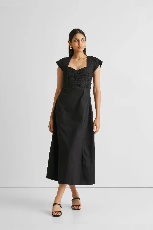 Women's High-Neck DressesRuched Dress with Front Slit in Black