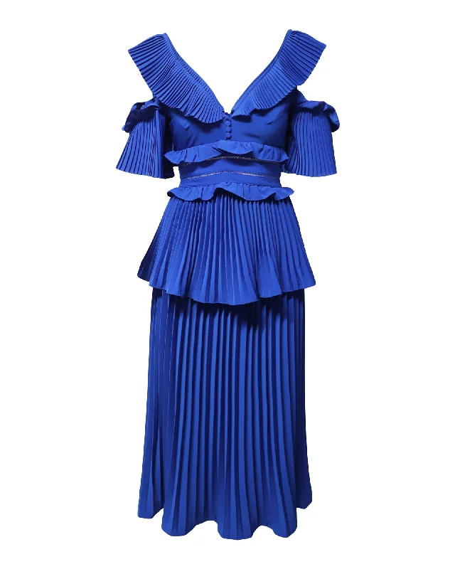 Women's Shawl Collar DressesSelf-Portrait Ruffled Tiered Pleated Dress in Blue Polyester