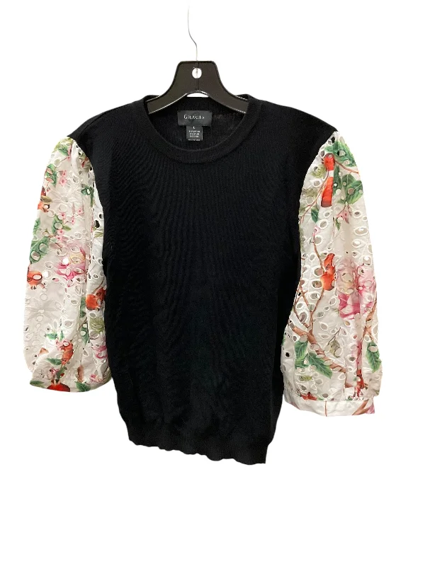 Women's Blouse with Low CollarTop 3/4 Sleeve By Nordstrom In Black Floral, Size: L