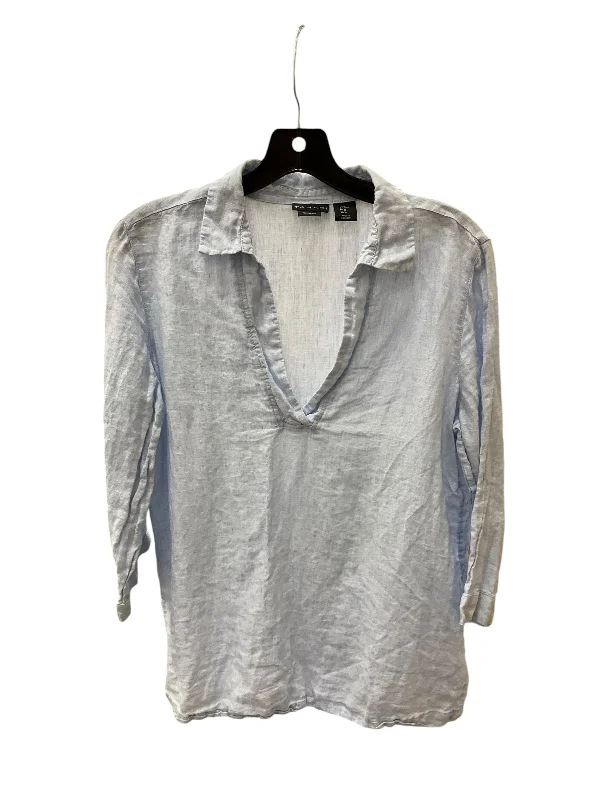 Women's Blouse with V-Shaped CollarTop Long Sleeve Designer By Tahari In Light Blue, Size: M